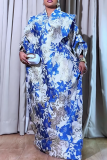 Blue Printed Loose Maxi Dress Puff Sleeve Stand Collar Elegant Gown