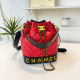 Red Quilted Drawstring Bucket Bag Chain Strap Logo Style