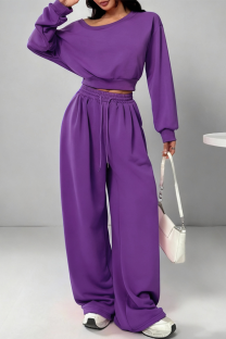 Purple Off-shoulder Cropped Sweatshirt Drawstring Wide-leg Pants Casual Stylish Two-piece Set