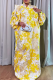 Yellow Printed Loose Maxi Dress Puff Sleeve Stand Collar Elegant Gown