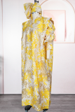Blue Printed Loose Maxi Dress Puff Sleeve Stand Collar Elegant Gown