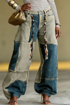 Blue Patchwork Vintage Wide-leg Jeans Fringe Tie Retro Pants
