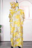 Blue Printed Loose Maxi Dress Puff Sleeve Stand Collar Elegant Gown