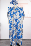 Blue Printed Loose Maxi Dress Puff Sleeve Stand Collar Elegant Gown