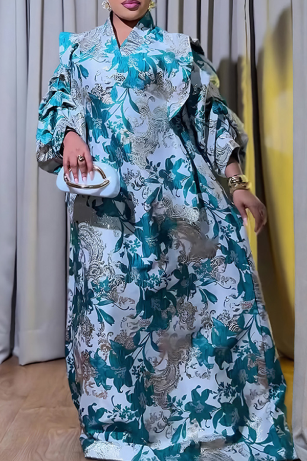 Green Printed Loose Maxi Dress Puff Sleeve Stand Collar Elegant Gown
