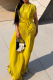 Lemon Yellow Drawstring Crew Neck Pleated Dress Asymmetrical Design Maxi Elegant Dress