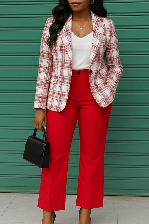 Red Plaid Blazer Slim Cropped Pants Office Two-piece Set