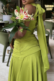 Green Yellow Elegant Solid Color Ruched Turtleneck Long Dresses