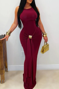 Burgundy Sleeveless Slim Maxi Dress Metal Buckle Tie Design Elegant Gown