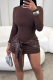Coffee Slim Long Sleeve Dress Leather Tie Accent Stylish Bodycon Gown