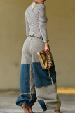 Blue Patchwork Vintage Wide-leg Jeans Fringe Tie Retro Pants