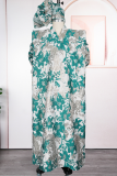 Blue Printed Loose Maxi Dress Puff Sleeve Stand Collar Elegant Gown