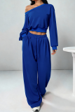 Purple Off-shoulder Cropped Sweatshirt Drawstring Wide-leg Pants Casual Stylish Two-piece Set