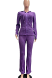Rose Red Striped Hooded Zipper Set Slim Flared Pants Casual Stylish Two-piece