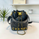 Black Quilted Drawstring Bucket Bag Chain Strap Logo Style