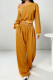Earth Yellow Off-shoulder Cropped Sweatshirt Drawstring Wide-leg Pants Casual Stylish Two-piece Set