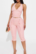 Pink Halter V-neck Ruched Top Drawstring Capri Pants Stylish Two-piece