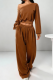 Coffee Off-shoulder Cropped Sweatshirt Drawstring Wide-leg Pants Casual Stylish Two-piece Set