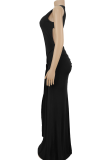 Black Sleeveless Slim Maxi Dress Metal Buckle Tie Design Elegant Gown
