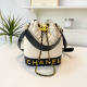 White Quilted Drawstring Bucket Bag Chain Strap Logo Style