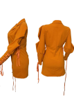 Tangerine Red Blazer Collar Puff Sleeve Dress Tie Waist Button-front Gown