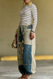 Blue Patchwork Vintage Wide-leg Jeans Fringe Tie Retro Pants