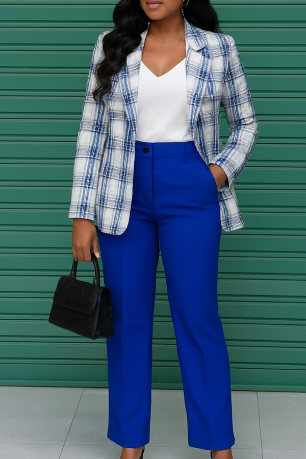 Blue Plaid Blazer Slim Cropped Pants Office Two-piece Set
