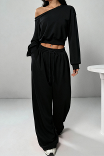 Black Off-shoulder Cropped Sweatshirt Drawstring Wide-leg Pants Casual Stylish Two-piece Set