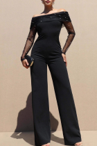 Black Casual Solid Color Pearls Decor Off Shoulder Bodycon Jumpsuits