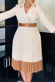 Apricot Blazer Collar Contrast Pleated Dress Belted Long-sleeve Gown