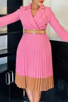 Pink Blazer Collar Contrast Pleated Dress Belted Long-sleeve Gown