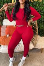 Red Casual Solid Color Patchwork O Neck Long Sleeve Two Pieces