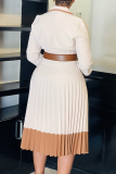 Sky Blue Blazer Collar Contrast Pleated Dress Belted Long-sleeve Gown