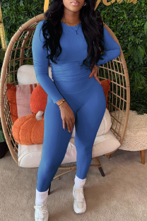 Blue Casual Solid Color Patchwork O Neck Long Sleeve Two Pieces
