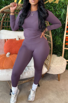 Purple Casual Solid Color Patchwork O Neck Long Sleeve Two Pieces