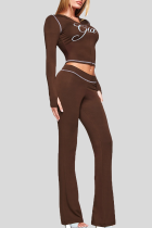 Brown Zipper Ruched Cropped Top Flared Slim Loungewear Two-piece