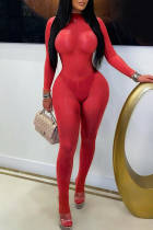 Red Sexy Solid Color See-Through O Neck Skinny Jumpsuits