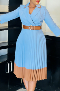 Sky Blue Blazer Collar Contrast Pleated Dress Belted Long-sleeve Gown