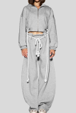 Grey Hooded Cropped Top Rope Accent Wide-leg Pants Casual Two-piece