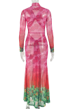 Rose Red Printed Turtleneck Maxi Dress Tie Waist Sheer Mesh Gown