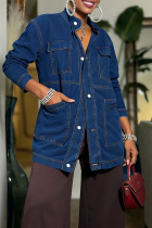 Blue Stand Collar Multi-pocket Denim Coat Mid-length Button-front Jacket