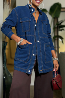 Blue Stand Collar Multi-pocket Denim Coat Mid-length Button-front Jacket