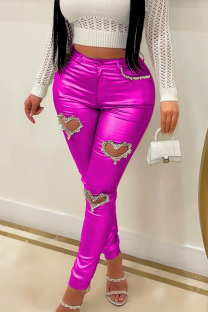 Rose Red Heart Rhinestone Cutout Pants Shiny Slim-fit Trousers