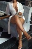 White Collar Deep V Dress Tie Waist Long-sleeve Bodycon Mini Gown