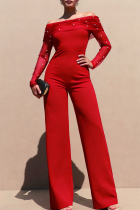 Red Casual Solid Color Pearls Decor Off Shoulder Bodycon Jumpsuits