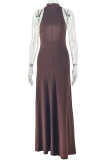 Dark Brown Elegant Solid Color Patchwork O Neck Long Dresses
