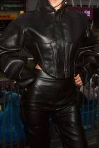 Black Stand-Collar Cropped Leather Jacket Loose-Sleeve Moto Coat