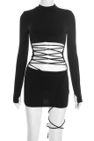 Green Turtleneck Lace-Up Cutout Dress Bodycon Long-Sleeve Mini
