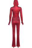 Red Hooded Zipper Printed Two-Piece Sheer Bodycon Set