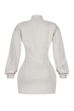 Cream White Stand-Collar Zip Oversized Sweatshirt Dress Fitted Mini